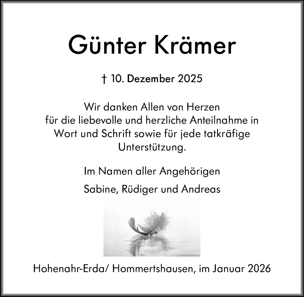 Traueranzeige für Günter Krämer vom 03.01.2026 aus Hinterländer Anzeiger