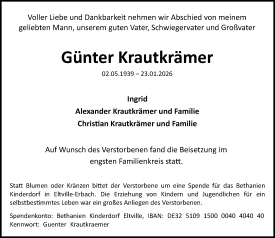 Traueranzeige von Günter Krautkrämer von Wiesbadener Kurier