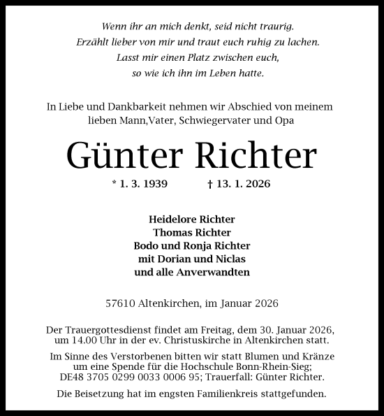 Traueranzeige von Günter Richter von Wetzlarer Neue Zeitung