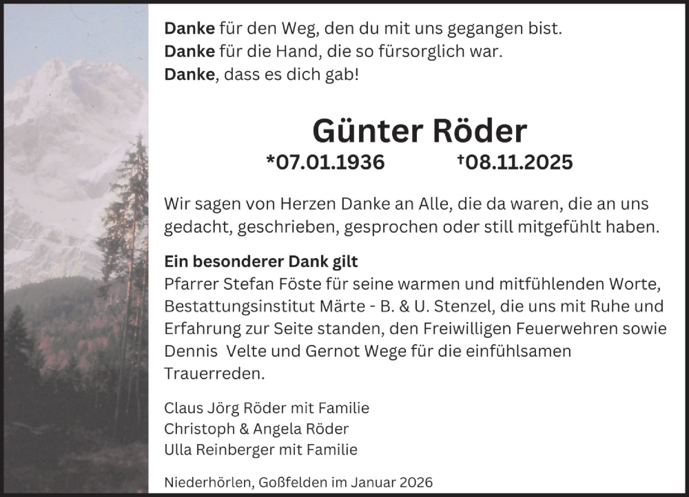  Traueranzeige für Günter Röder vom 12.01.2026 aus Hinterländer Anzeiger