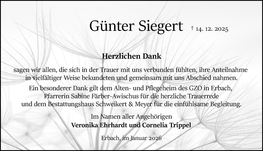  Traueranzeige für Günter Siegert vom 24.01.2026 aus Odenwälder Echo