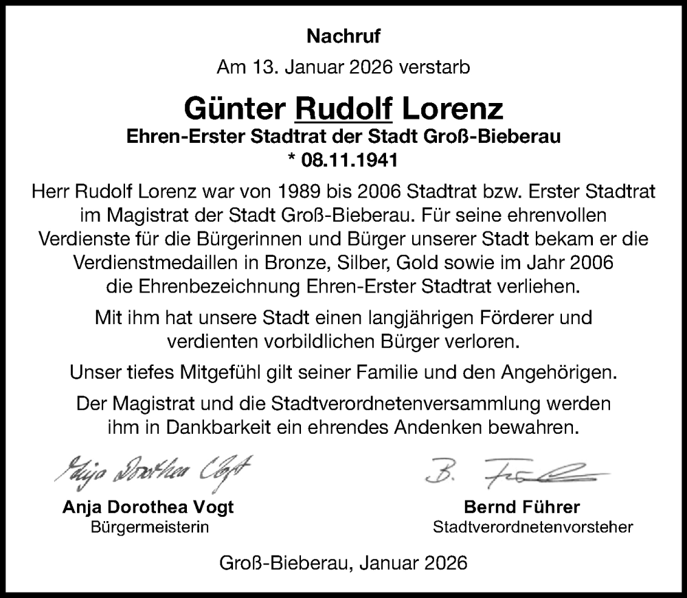  Traueranzeige für Günter Rudolf Lorenz vom 24.01.2026 aus Darmstädter Echo