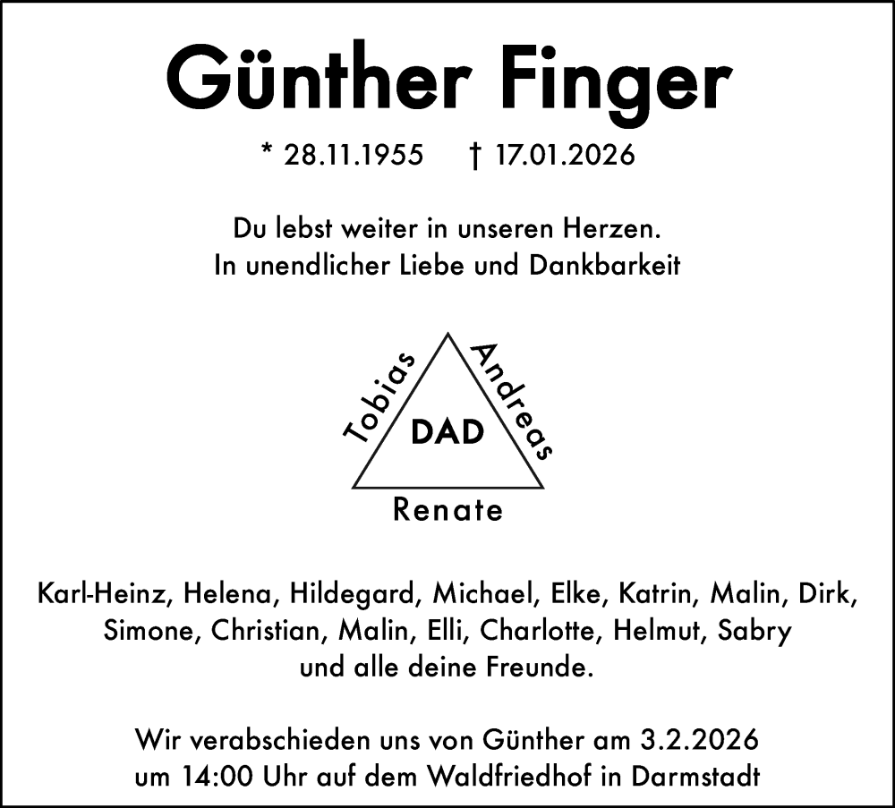  Traueranzeige für Günther Finger vom 31.01.2026 aus Darmstädter Echo