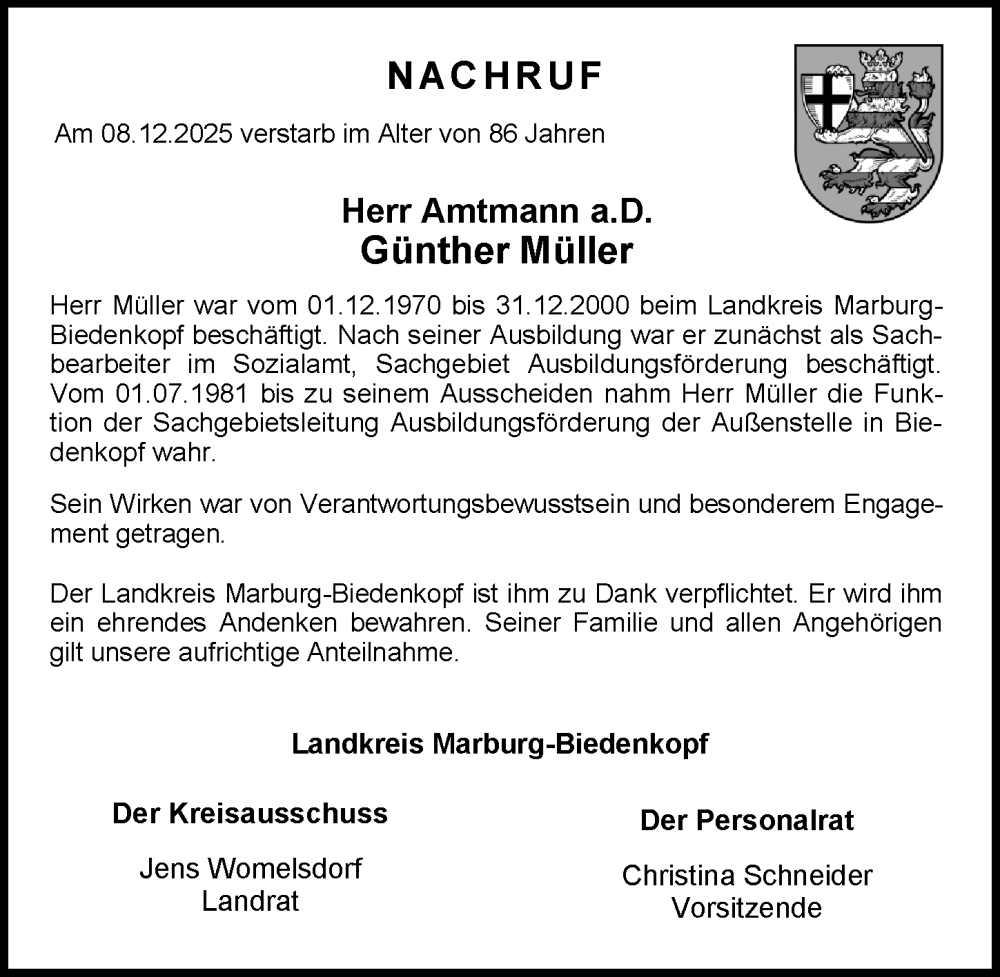  Traueranzeige für Günther Müller vom 03.01.2026 aus Hinterländer Anzeiger