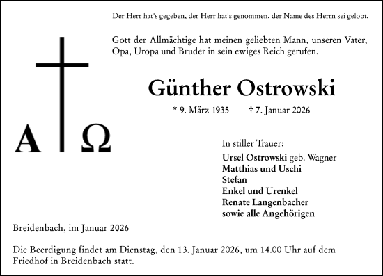 Traueranzeige von Günther Ostrowski von Hinterländer Anzeiger