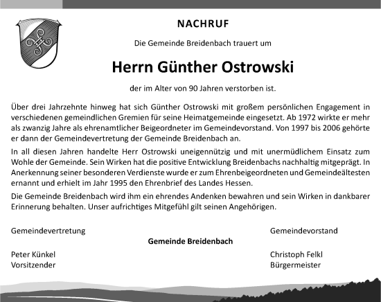 Traueranzeige von Günther Ostrowski von Hinterländer Anzeiger
