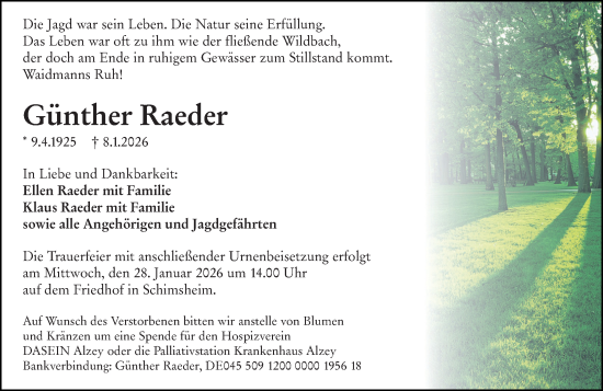Traueranzeige von Günther Raeder von Allgemeine Zeitung Alzey
