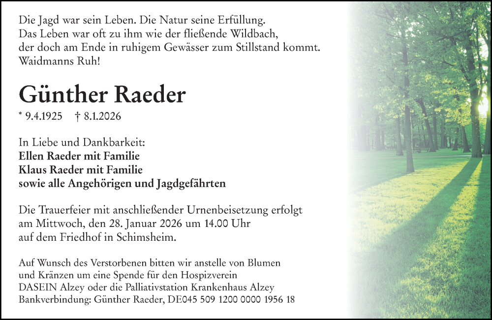  Traueranzeige für Günther Raeder vom 17.01.2026 aus Allgemeine Zeitung Alzey