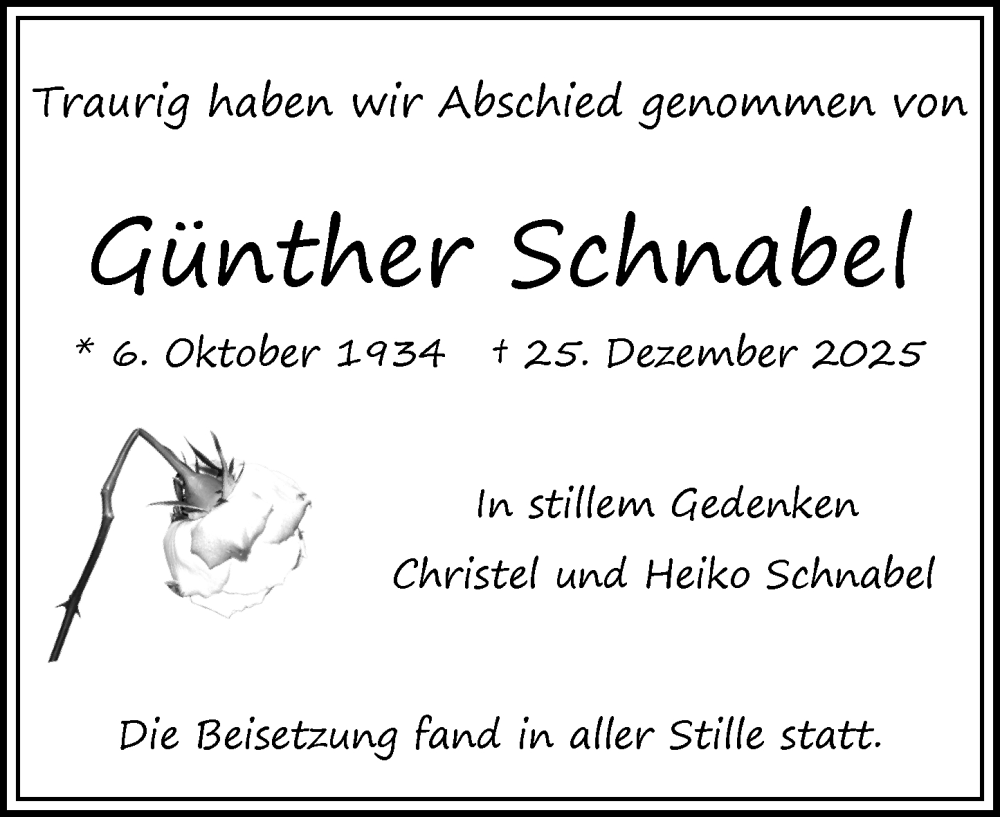  Traueranzeige für Günther Schnabel vom 24.01.2026 aus Wiesbadener Kurier