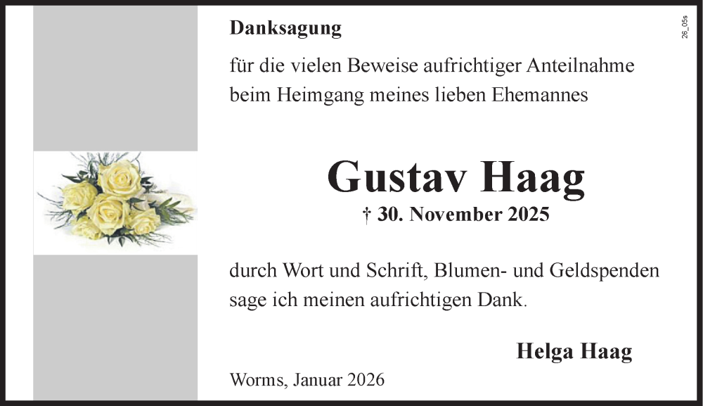  Traueranzeige für Gustav Haag vom 31.01.2026 aus Wormser Zeitung