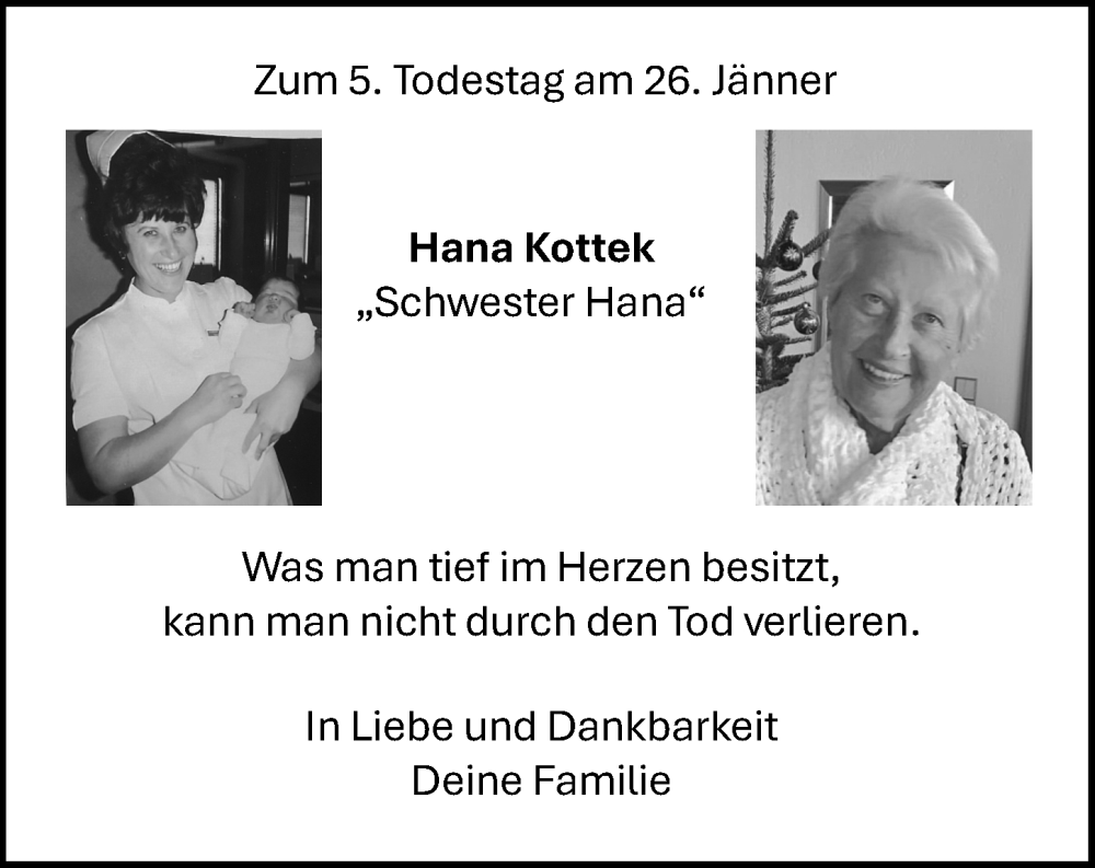  Traueranzeige für Hana Kottek vom 24.01.2026 aus Odenwälder Echo