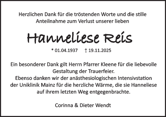 Traueranzeige von Hanneliese Reis von Allgemeine Zeitung Mainz