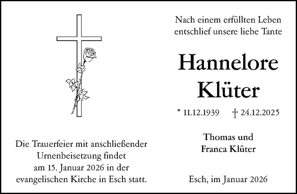  Traueranzeige für Hannelore Klüter vom 08.01.2026 aus Camberger Anzeiger