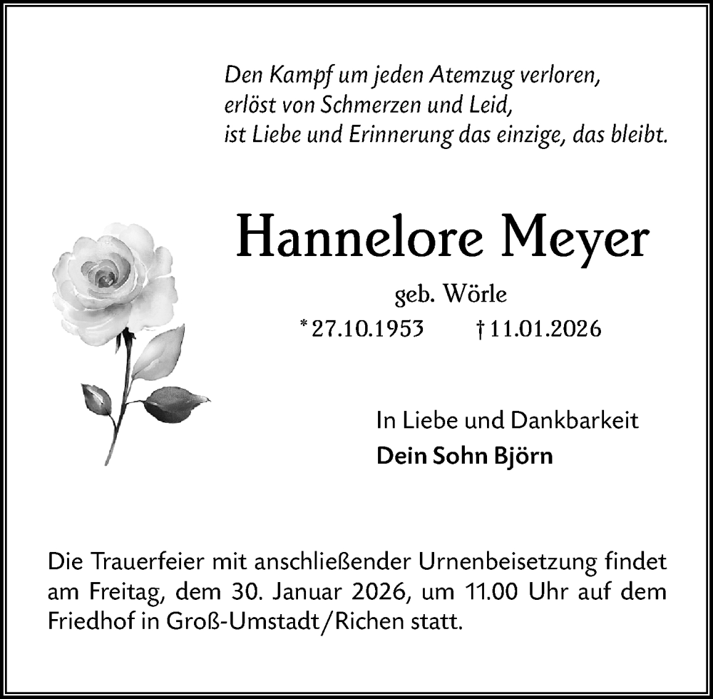  Traueranzeige für Hannelore Meyer vom 24.01.2026 aus Dieburger Anzeiger/Groß-Zimmerner Lokal-Anzeiger