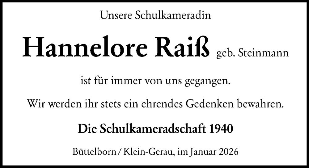  Traueranzeige für Hannelore Raiß vom 31.01.2026 aus Groß-Gerauer Echo