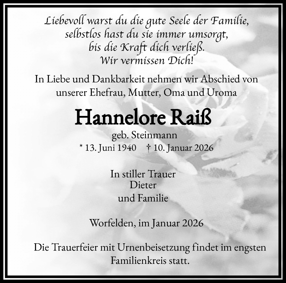  Traueranzeige für Hannelore Raiß vom 31.01.2026 aus Groß-Gerauer Echo