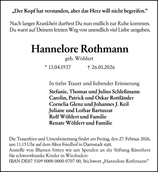 Traueranzeige von Hannelore Rothmann von Darmstädter Echo