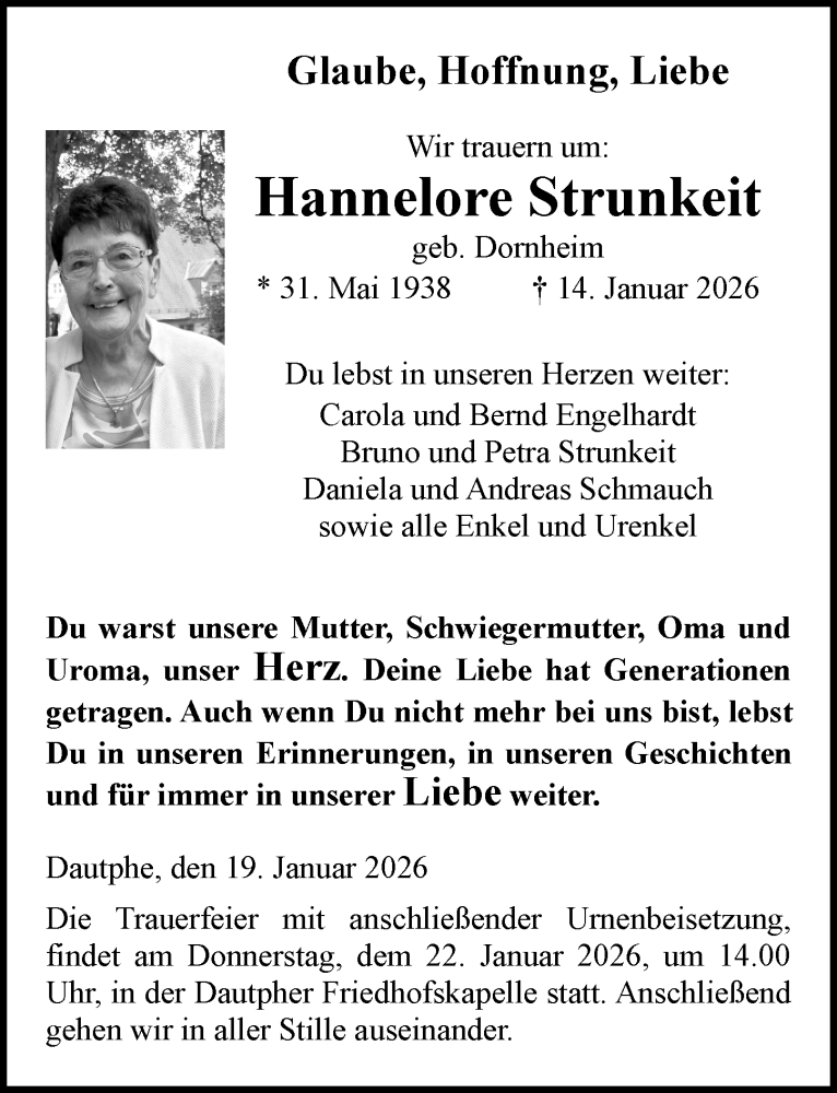  Traueranzeige für Hannelore Strunkeit vom 19.01.2026 aus Hinterländer Anzeiger