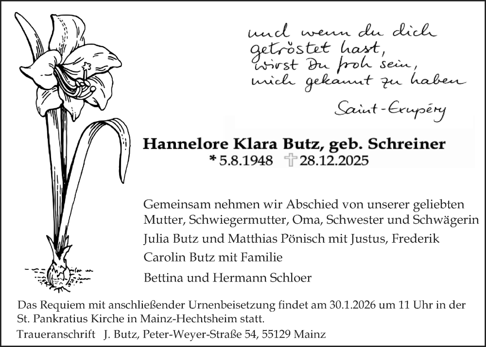  Traueranzeige für Hannelore Klara Butz vom 17.01.2026 aus Allgemeine Zeitung Mainz