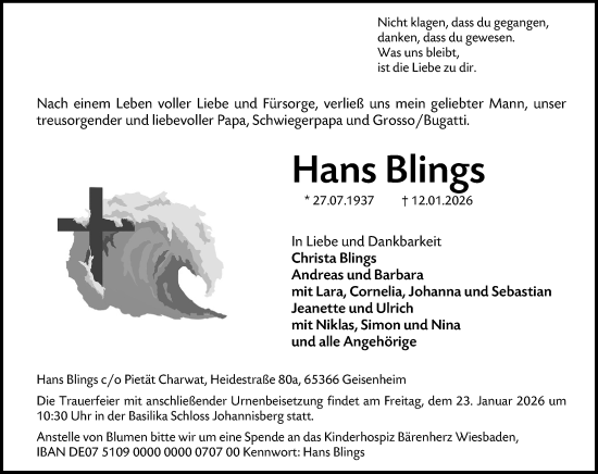 Traueranzeige von Hans Blings von Wiesbadener Kurier