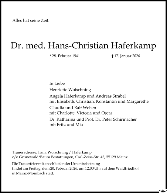 Traueranzeige von Hans-Christian Haferkamp von Allgemeine Zeitung Mainz