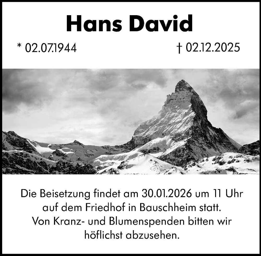  Traueranzeige für Hans David vom 17.01.2026 aus Rüsselsheimer Echo