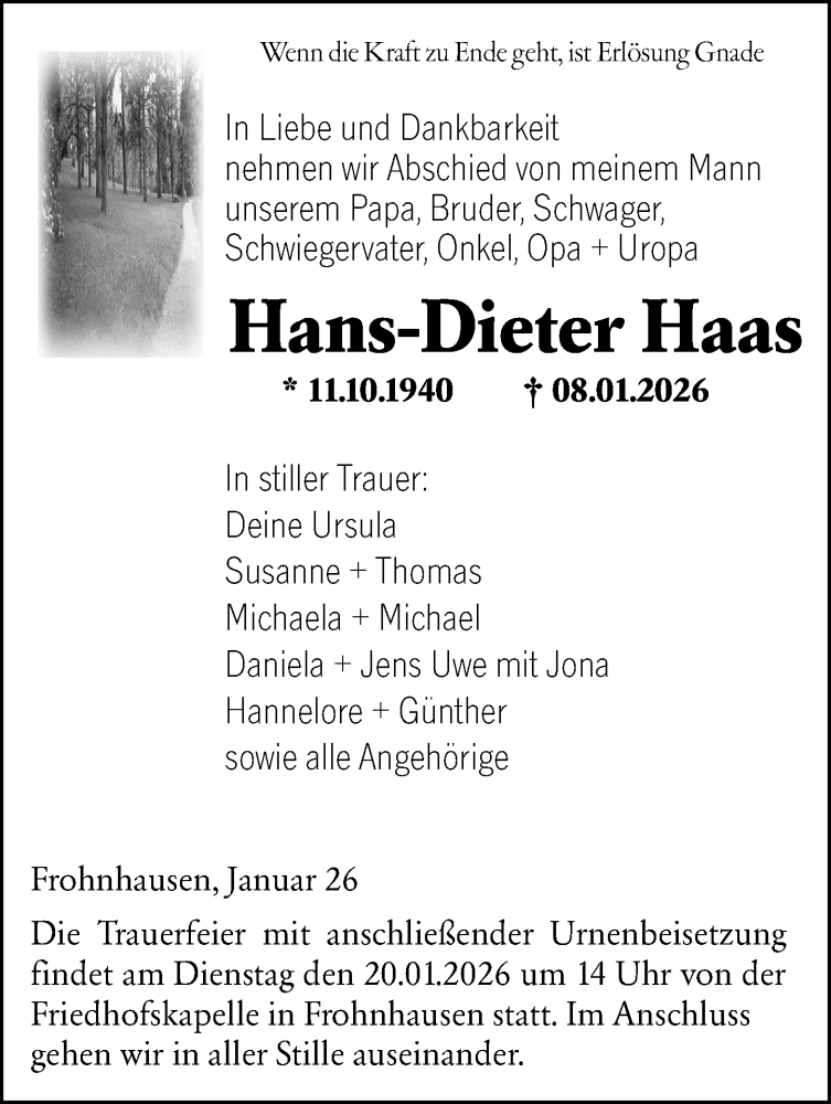  Traueranzeige für Hans-Dieter Haas vom 17.01.2026 aus Dill Block