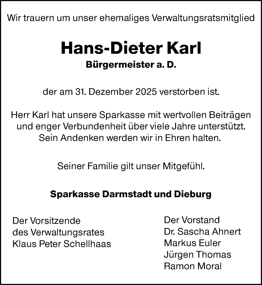  Traueranzeige für Hans-Dieter Karl vom 17.01.2026 aus Darmstädter Echo
