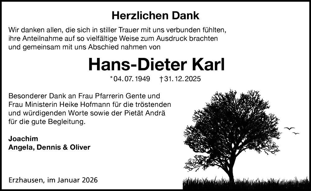  Traueranzeige für Hans-Dieter Karl vom 31.01.2026 aus Darmstädter Echo