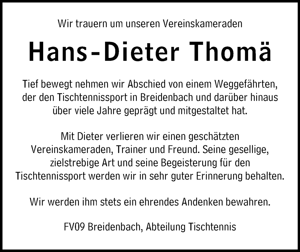  Traueranzeige für Hans-Dieter Thomä vom 20.01.2026 aus Hinterländer Anzeiger