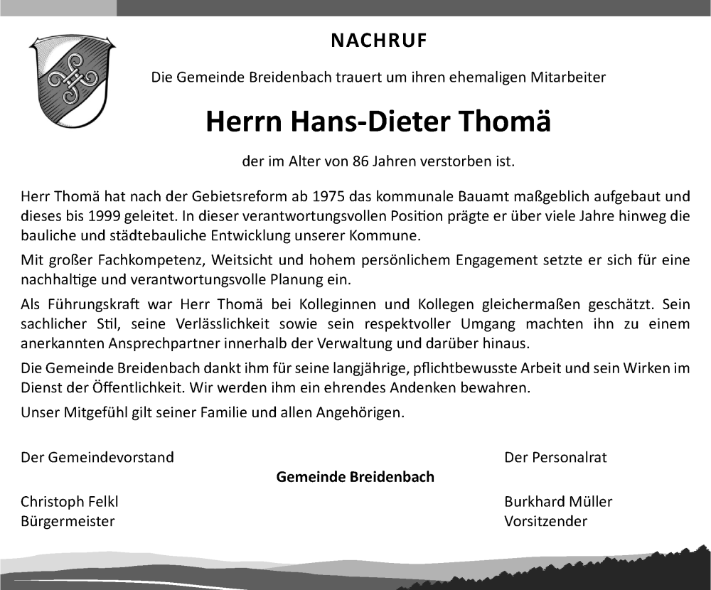  Traueranzeige für Hans-Dieter Thomä vom 21.01.2026 aus Hinterländer Anzeiger