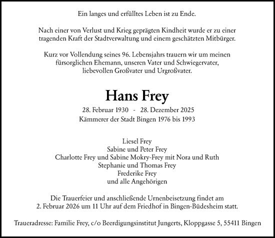 Traueranzeige von Hans Frey von Allgemeine Zeitung Rheinhessen-Nahe