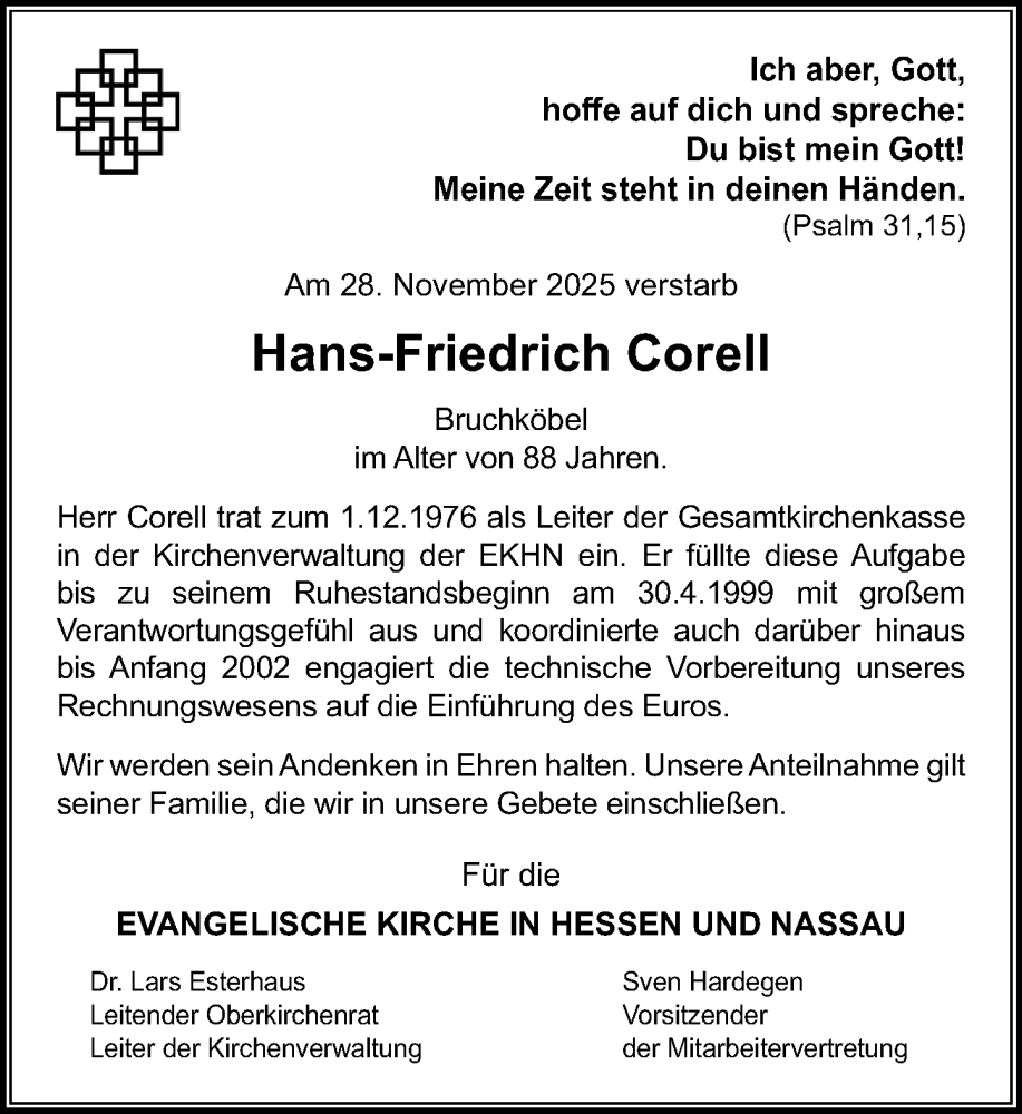  Traueranzeige für Hans-Friedrich Corell vom 10.01.2026 aus Darmstädter Echo