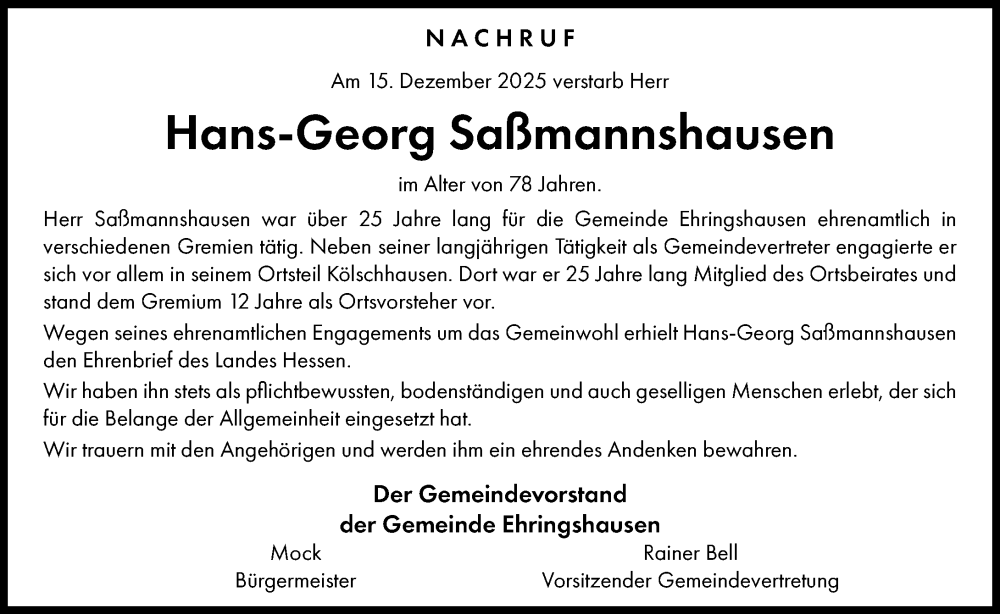  Traueranzeige für Hans-Georg Saßmannshausen vom 10.01.2026 aus Wetzlarer Neue Zeitung