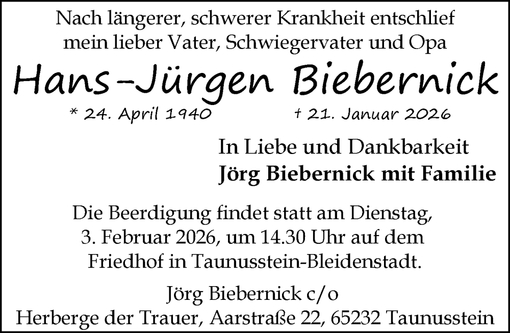  Traueranzeige für Hans-Jürgen Biebernick vom 31.01.2026 aus Wiesbadener Kurier