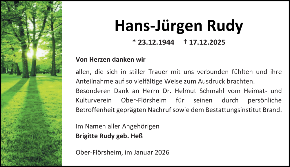  Traueranzeige für Hans-Jürgen Rudy vom 31.01.2026 aus Allgemeine Zeitung Alzey