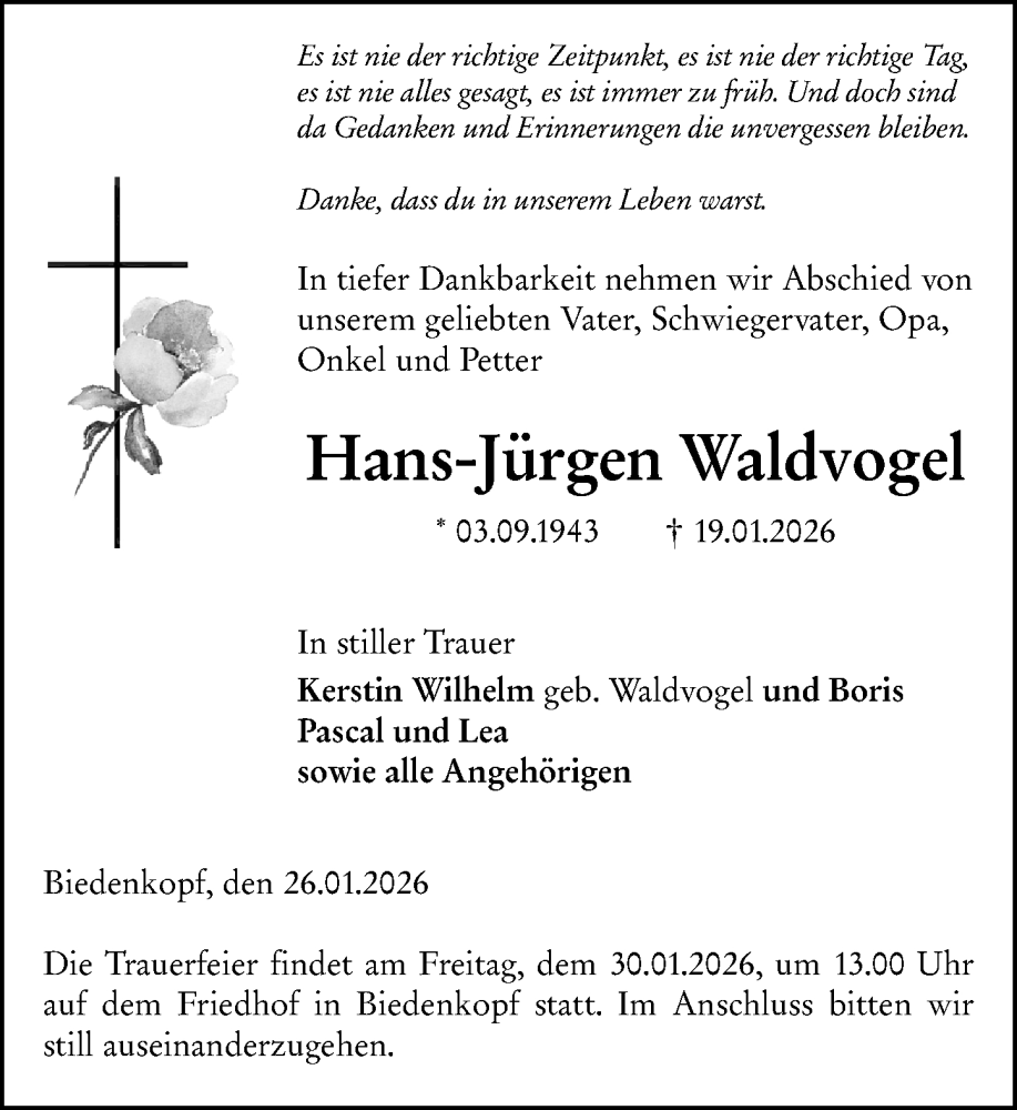  Traueranzeige für Hans-Jürgen Waldvogel vom 26.01.2026 aus Hinterländer Anzeiger