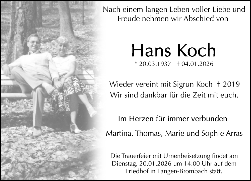  Traueranzeige für Hans Koch vom 17.01.2026 aus Wormser Zeitung