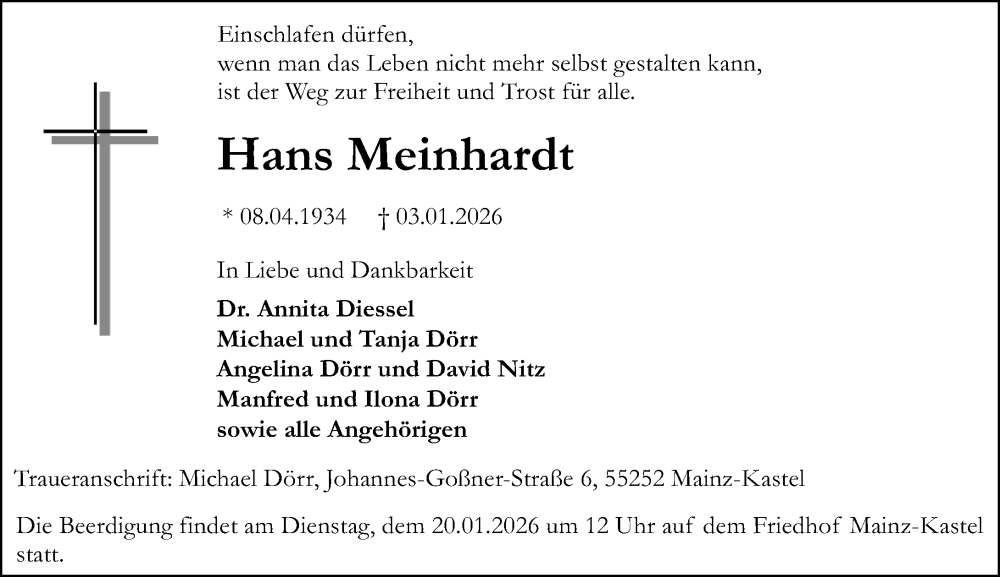  Traueranzeige für Hans Meinhardt vom 17.01.2026 aus Allgemeine Zeitung Mainz