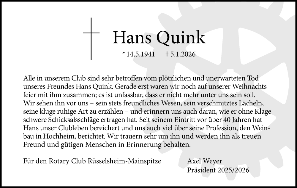  Traueranzeige für Hans Quink vom 17.01.2026 aus Rüsselsheimer Echo