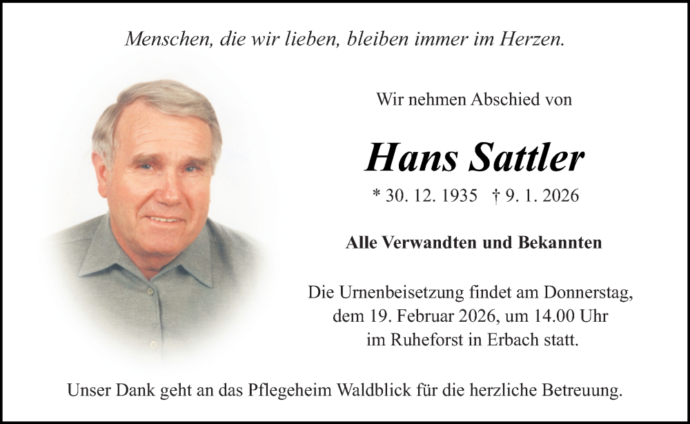  Traueranzeige für Hans Sattler vom 17.01.2026 aus Odenwälder Echo