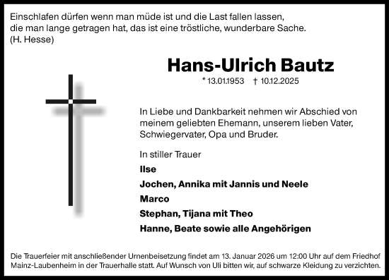 Traueranzeige von Hans-Ulrich Bautz von Allgemeine Zeitung Mainz