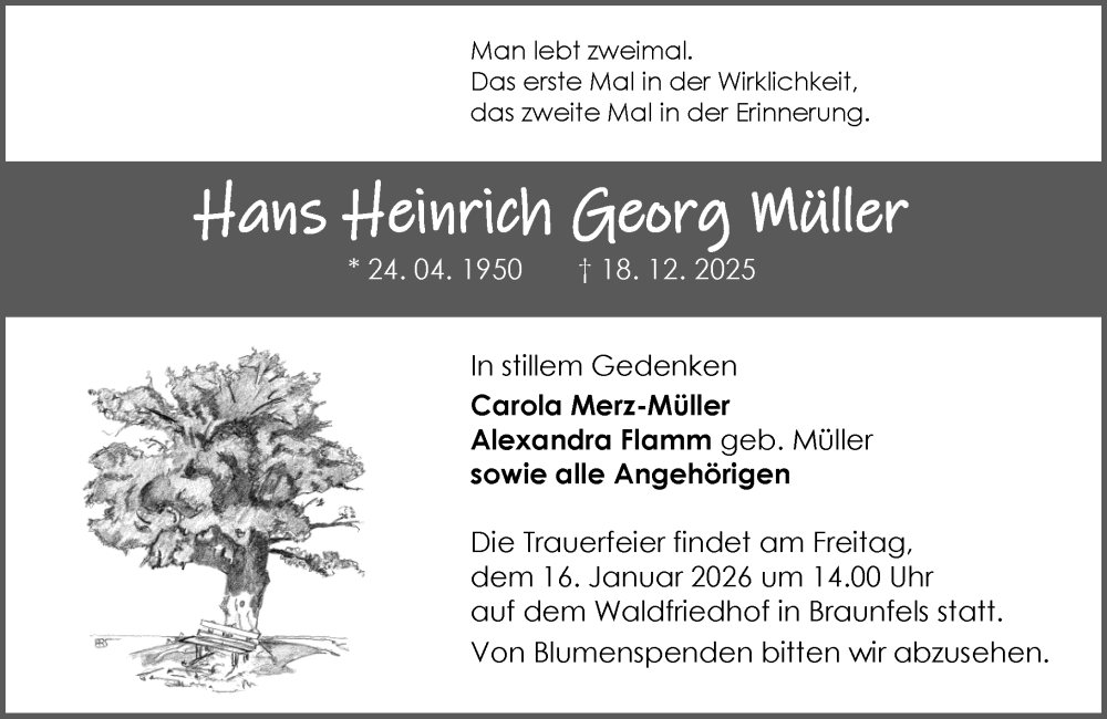  Traueranzeige für Hans Heinrich Georg Müller vom 10.01.2026 aus Wetzlarer Neue Zeitung