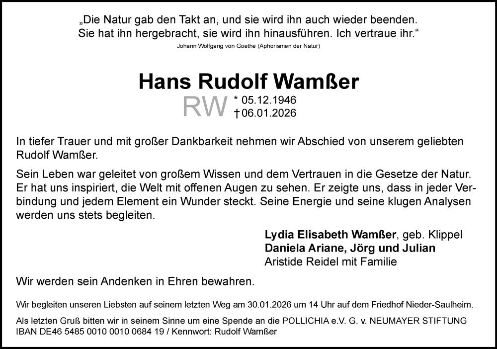  Traueranzeige für Hans Rudolf Wamßer vom 24.01.2026 aus Allgemeine Zeitung Alzey