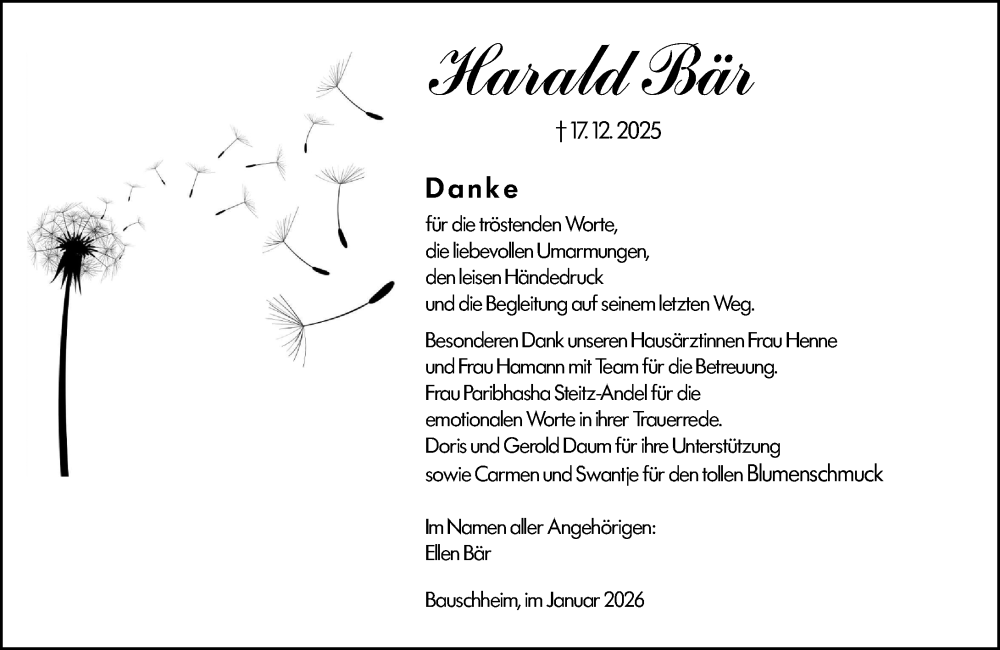  Traueranzeige für Harald Bär vom 24.01.2026 aus Rüsselsheimer Echo