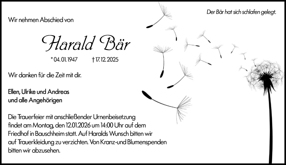  Traueranzeige für Harald Bär vom 07.01.2026 aus Rüsselsheimer Echo