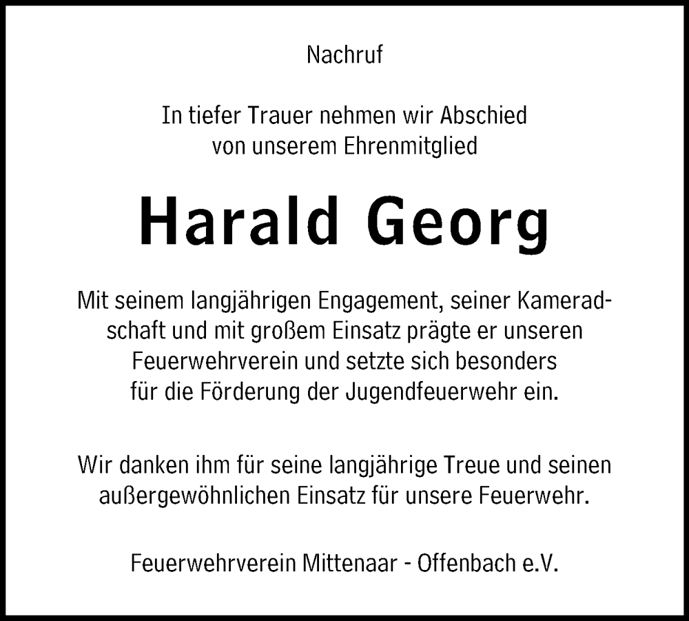  Traueranzeige für Harald  Georg vom 13.01.2026 aus Dill Block