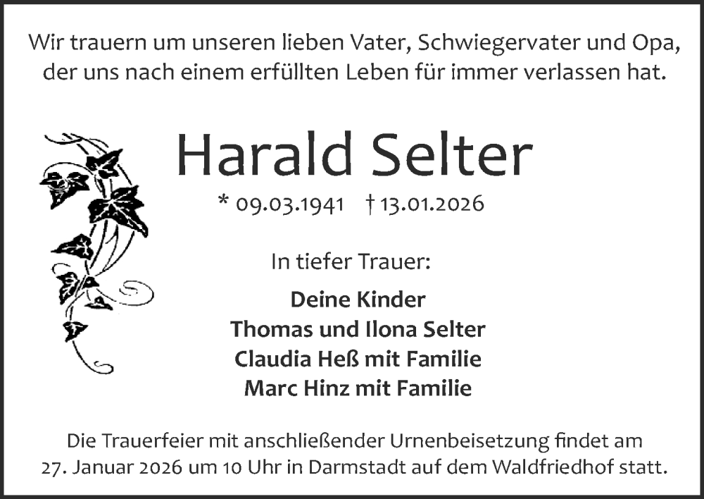  Traueranzeige für Harald Selter vom 24.01.2026 aus Darmstädter Echo