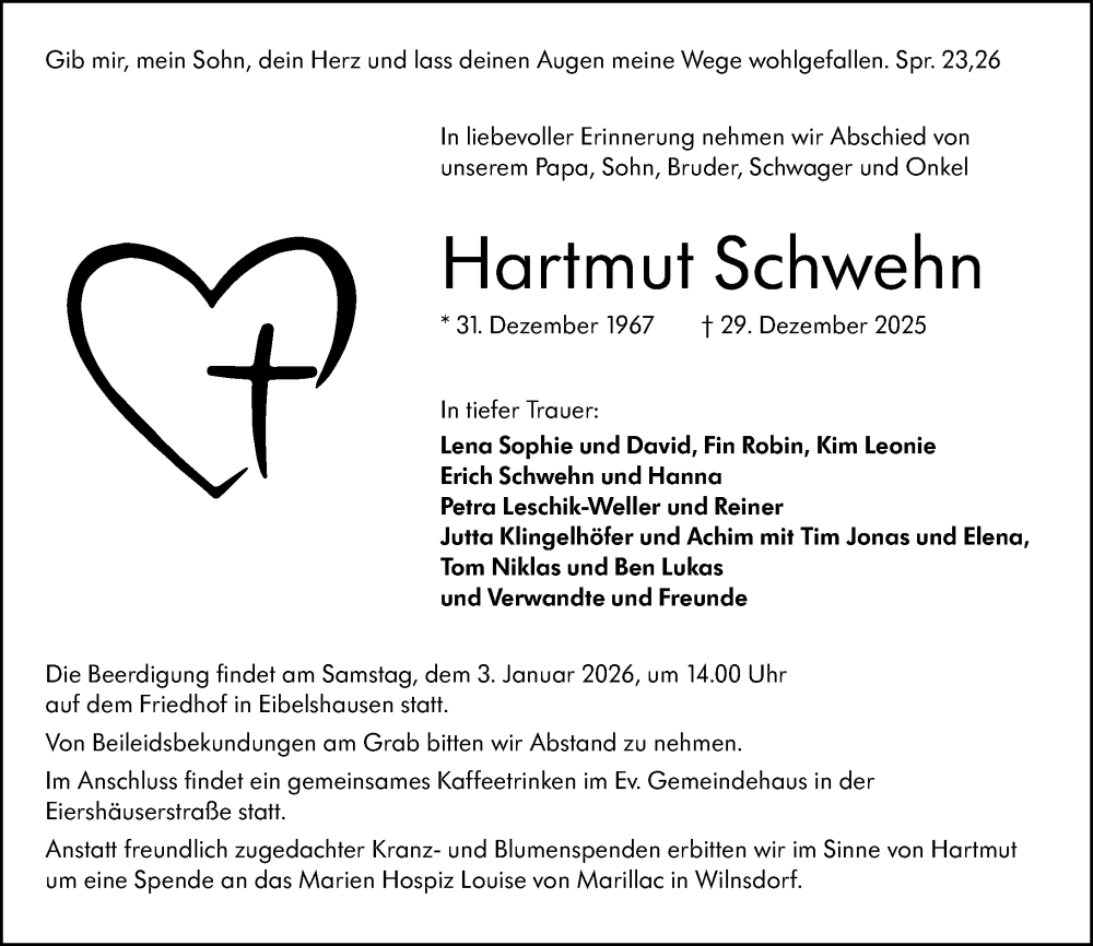  Traueranzeige für Hartmut Schwehn vom 03.01.2026 aus Dill Block