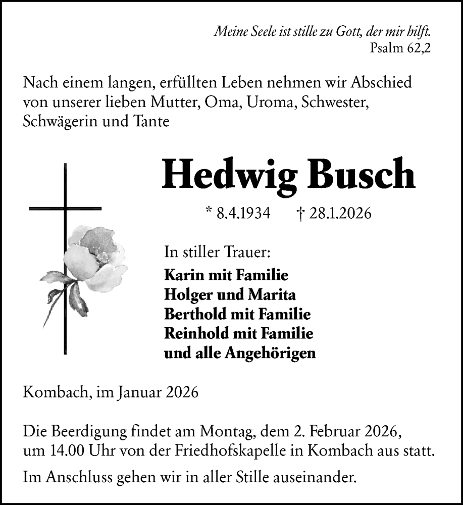  Traueranzeige für Hedwig Busch vom 31.01.2026 aus Hinterländer Anzeiger